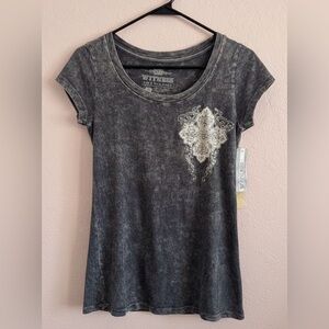 Witness Black Mineral-Wash Scoop Neck Y2K Vibe Tee Embroidered Medallion Size S